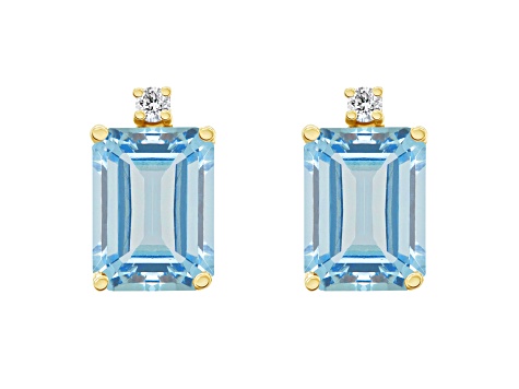 8x6mm Emerald Cut Aquamarine With Diamond Accents 14k Yellow Gold Stud