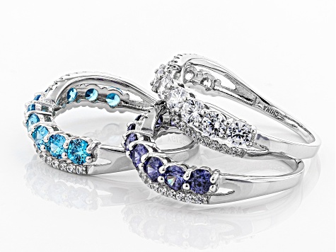 Blue And White Cubic Zirconia Rhodium Over Sterling Silver Rings Set Of