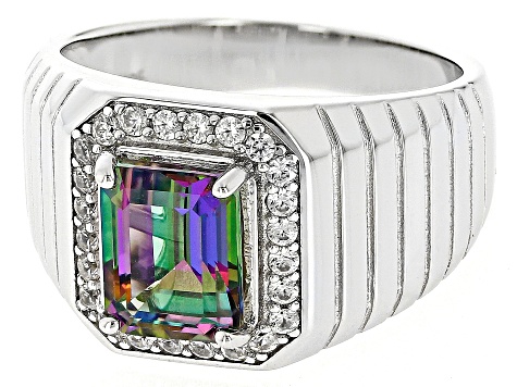 Mystic Fire Green Topaz Rhodium Over Sterling Silver Men S Ring