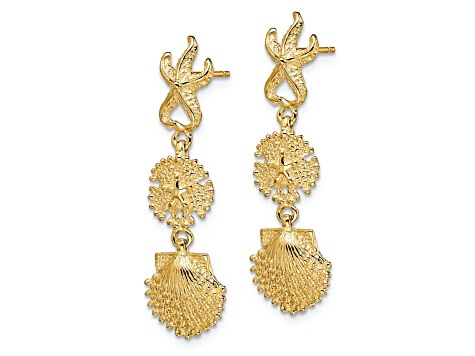 K Yellow Gold Textured Starfish Sand Dollar And Scallop Shell Dangle