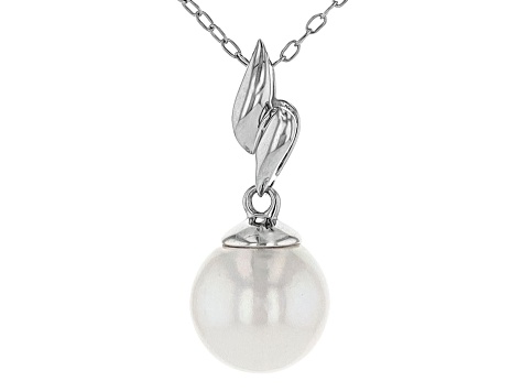 White Cultured Japanese Akoya Pearl Rhodium Over Sterling Silver