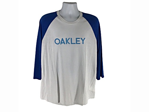 Oakley Men's White and Blue 3/4 Sleeve Crew Neck T-Shirt in Size XL