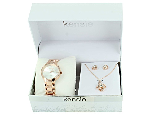 Kensie Rose Gold Tone Band with Crystal Detail and Coordinating Crystal Necklace and Earrings Set