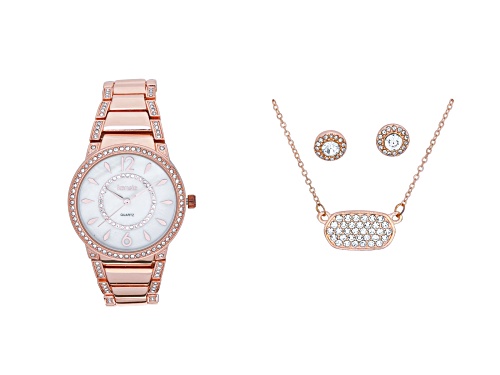 Kensie Rose Gold Tone Watch with Mother of Pearl Dial and Matching Earring and Pendant Set