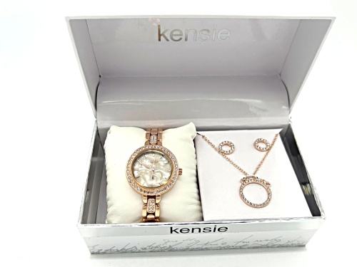 Kensie Rose Gold Tone Watch with Crystal Detail and Matching Earrings and Pendant Set