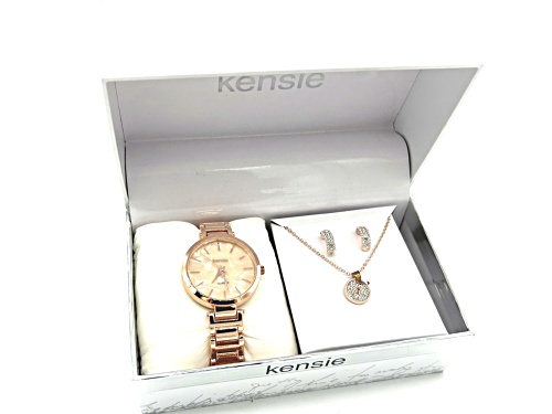 Kensie Rose Gold Tone Band with Pink Mother of Pearl Dial and Coordinating Earrings/Necklace Set