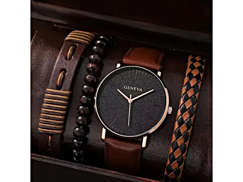 Geneva Men's Brown Vegan Leather Band with Coordinating Bracelets