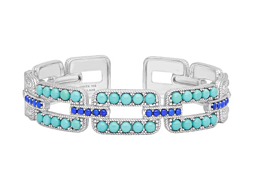 Judith Ripka Turquoise and Lapis Lazuli Rhodium Over Sterling Silver Open Link Cuff Bracelet - Size 7