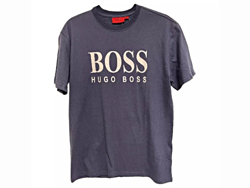 Hugo Boss Men's Navy Crew Neck T-Shirt with Beige Logo in Size Medium