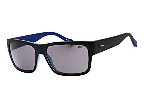 Hugo Boss Men's Matte Black and Blue Rectangular Frame / Gray Lenses Sunglasses