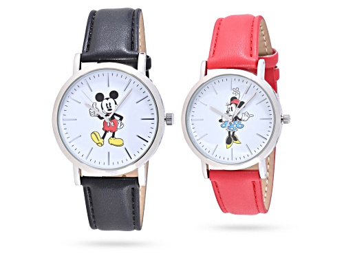 Disney His and Hers Mickey and Minnie Set of 2 Black and Red Vegan Leather Watches