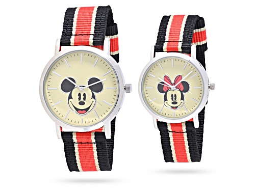 Disney His and Hers Set of 2 Mickey and Minnie Striped Nylon Band Watches
