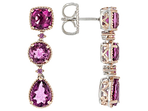 7.22ctw Pink Fluorite, .08ctw Sapphire Rhodium/18k Rose Gold Over Palladium Sterling Silver Earrings