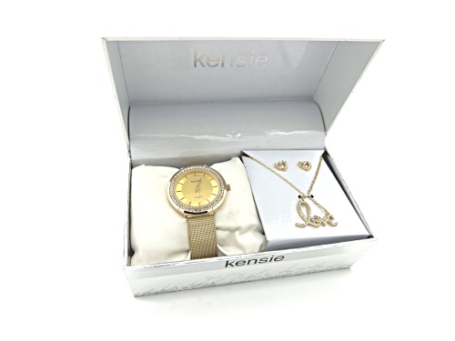 Kensie Gold Tone Mesh Band with Coordinating Love Necklace and Heart Earrings Set