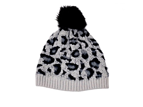 INC International Concepts Gray Leopard Hat with Black Pom Pom Hat