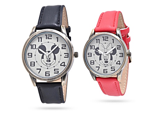 Disney His and Hers Set of 2 Mickey and Minnie Headshot Black and Red Leather Band Watches