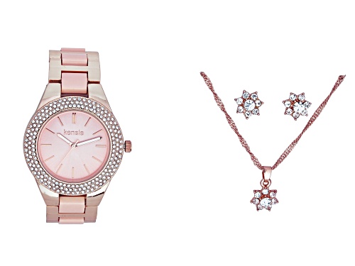 Kensie Rose Gold Tone and Pink Crystal Accent Bezel with Earrings and Necklace Set