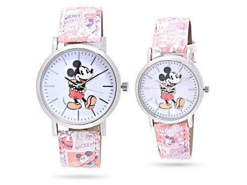 Disney His and Hers Set of 2 Vintage Mickey Poster Scenes Leather Band Watches