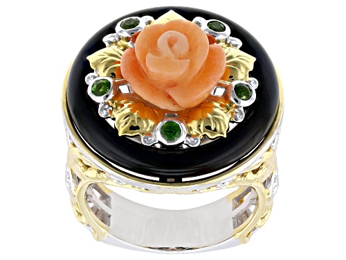 0.26ctw Salmon Coral, Black Onyx, Chrome Diopside Rhod/24K Gold Over Palladium Sterling Silver Ring - Size 11