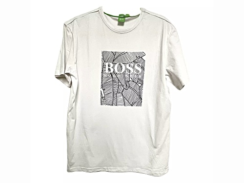 Hugo Boss Men's White Crew Neck T-Shirt with Banana Leaf Design in Size Medium