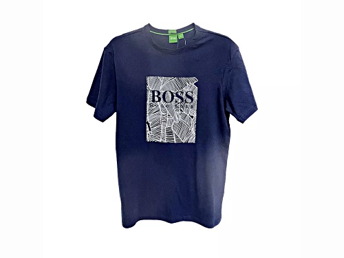 Hugo Boss Men's Navy Crew Neck T-Shirt with Banana Leaf Design in Size Small