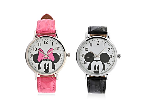 Disney His and Hers Set of 2 Mickey and Minnie Black and Pink Leather Band Watches
