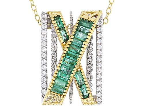 2.44ctw Grizzly Emerald, White Zircon Rhodium & 24k Gold Over Palladium Sterling Silver Pend W/Chain
