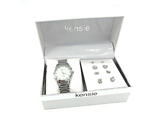 Kensie Silver Tone Band with Mother of Pearl Dial Watch with Silver Tone Crystal Earrings Set JTV Auctions