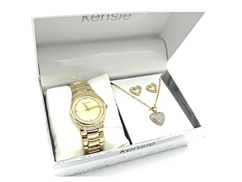 Kensie Gold Tone Watch with Crystal Detail and Matching Heart Earrings and Pendant Set