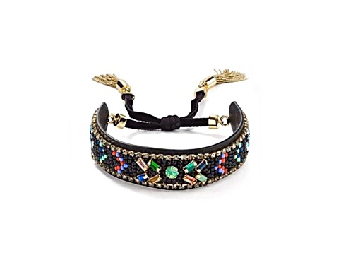 Rebecca Minkoff Gold Black Beaded with Crystal Accent Friendship Bracelet - Size 7