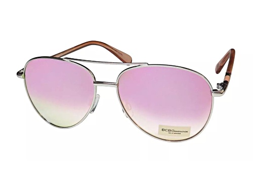 BCBG Shiny Silver Frame/Pink Green Lens Aviator Sunglasses