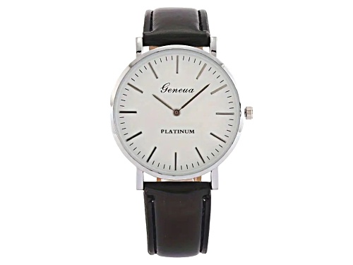 Geneva Men's White Dial Vegan Black Leather Band Watch