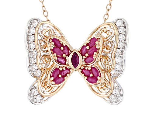 2.34ctw Ruby, White Zircon Rhodium & 18k Rose Gold Over Palladium Sterling Silver Butterfly Necklace - Size 18