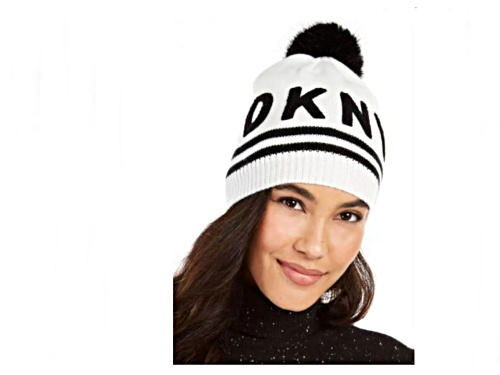 DKNY White and Black Logo Pom Pom Hat