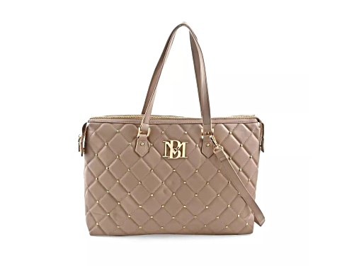 Badgley Mischka Large Quilted Shoulder Bag w Studded Details/Zip Top in Taupe. Model# BMH-103-TAU
