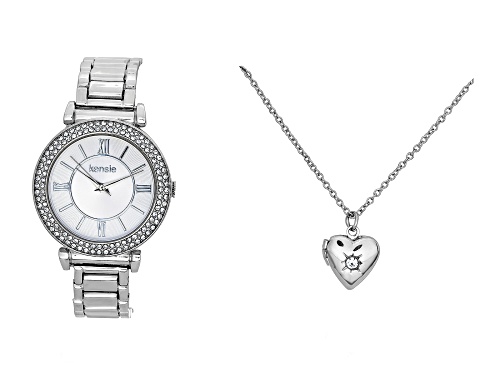 Photo of Kensie Silver Tone with Crystal Accent Watch with Heart Necklace