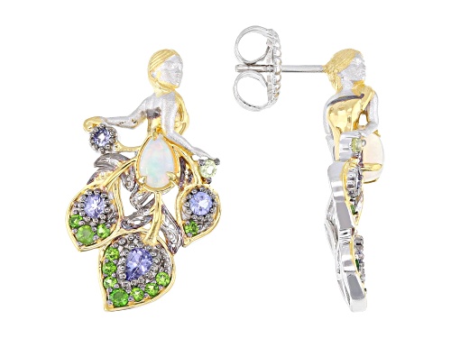 1.59ctw Ethiopian Opal, Multi-Gem Rhodium & 24k Yellow Gold Over Palladium Sterling Silver Earrings