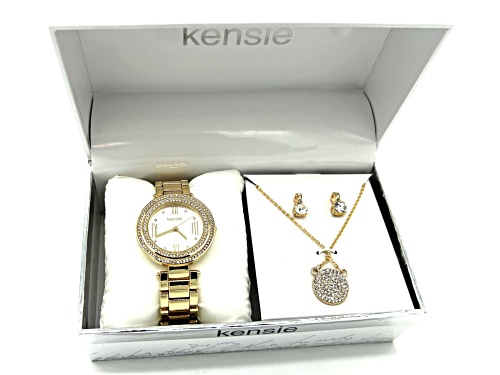Kensie Gold Tone Ladies Crystal Accent Watch with Coordinating Crystal Circle and Earrings Set