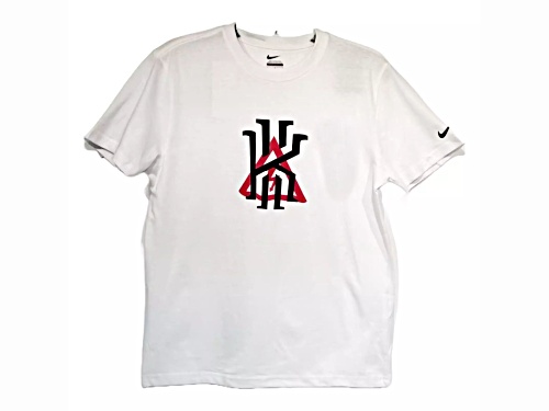 Nike Men's White Crew Neck T-Shirt with Red and Black Collectable Logo in Size Small