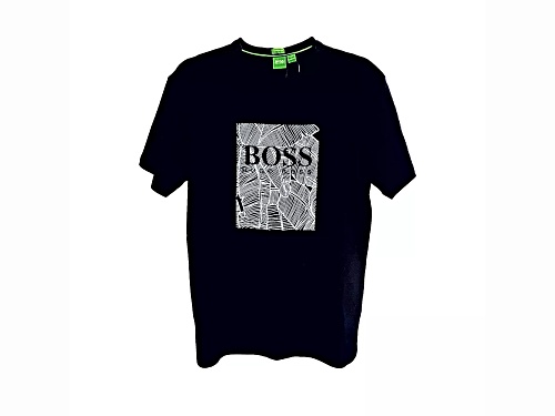 Hugo Boss Men's Black Crew Neck T-Shirt with Banana Leaf Design in Size Extra Large