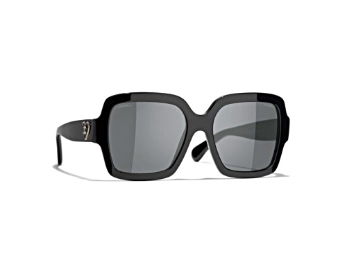 Photo of Chanel Polished Black/Gray Lenses with Gold Heart Detail Logo Sunglasses