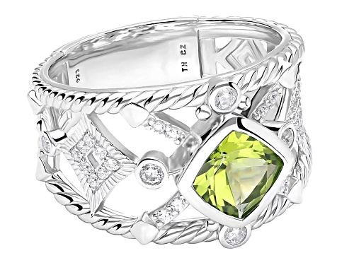 Judith Ripka 1.70ct Peridot With 0.55ctw Bella Luce® Rhodium Over Sterling Silver Textured Band Ring - Size 5