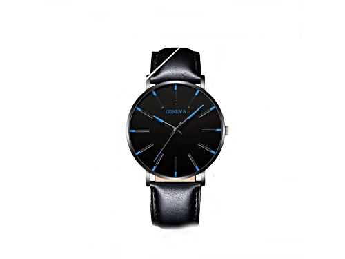 Geneva Men's Black Dial Vegan Black Leather Band Watch