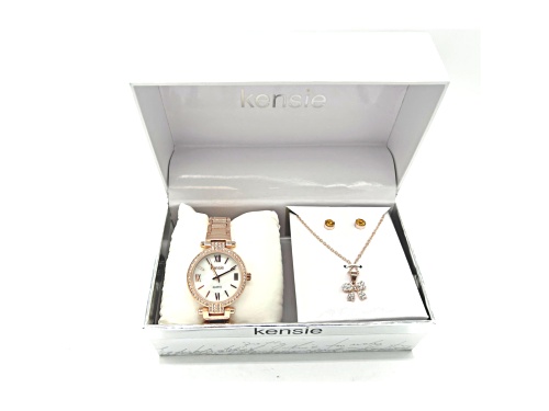 Kensie Rose Gold Tone Mother of Pearl Dial Watch with Bow Tie Necklace and Earrings Set