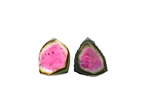 Watermelon Tourmaline Free-Form Slice Set of 2 18.00ctw