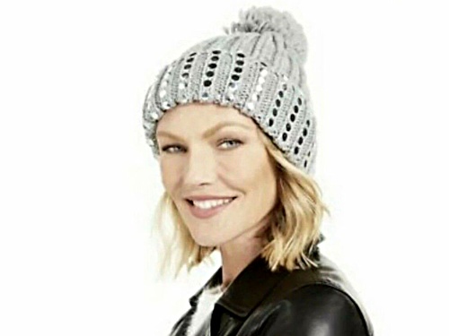 DKNY Silver and Gray Pom Pom Hat with Grommit Detail