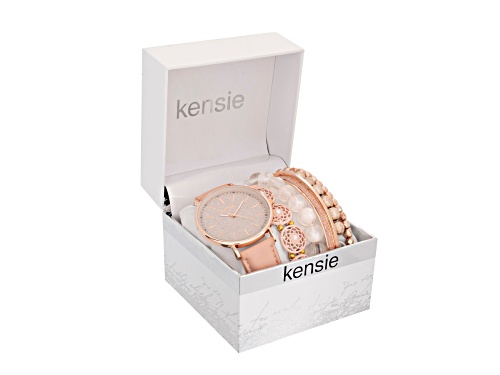 Photo of Kensie Rose Gold Tone with Pink Leather Band Watch with Accent Bracelet Set