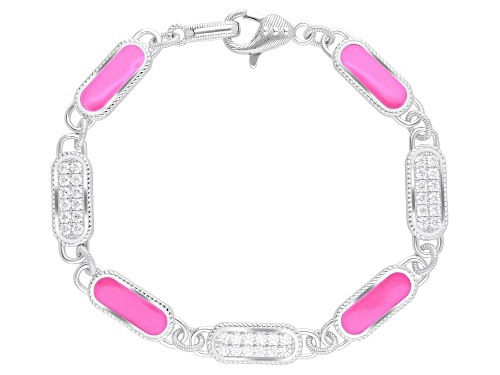 Judith Ripka 2.10ctw Bella Luce® and Pink Enamel Rhodium Over Sterling Silver Station Bracelet - Size 7