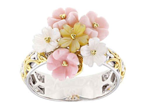 5mm Carved Shell Flower 24K Yellow Gold Over Palladium Sterling Silver Ring - Size 9