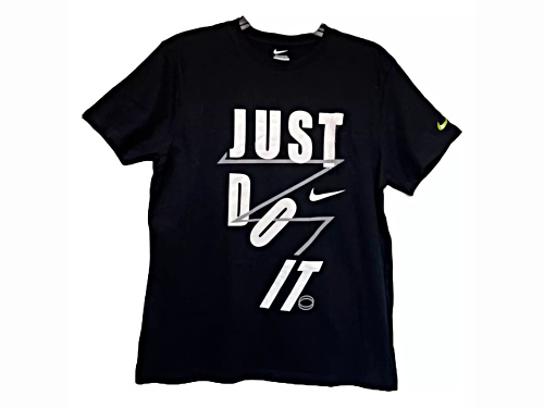 Nike Men's Black Crew Neck with White "Just Do It" Logo in Size Small